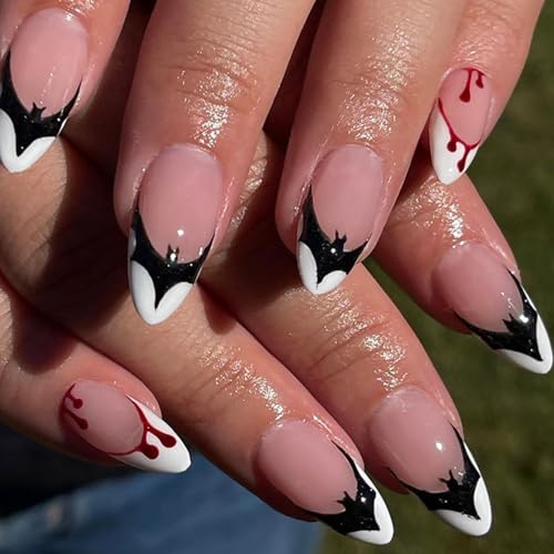 24 Stück Halloween Mandel French Nägel zum Aufkleben Mittel Press on Nails mit Fledermaus Muster Full Cover Fingernägel zum Aufkleben Ballerina Fake Nails für Frauen und Mädchen von Ceboic