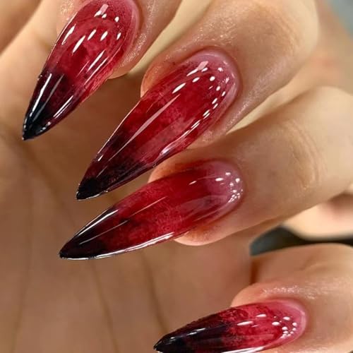 24 Stück Halloween Mandel Lang Press on Nails, Rot Schwarz Gradient Kunstnägel Fake Nails, Abnehmbar Fingernägel zum Aufkleben, Acryl Full Cover Künstliche Nägel Maniküre Set für Damen Mädchen von Ceboic