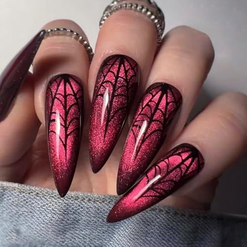 24 Stück Halloween Nägel zum Aufkleben Mandel Lang, Glänzend Rot Künstliche Nägel mit Spiderweb Design, Natürliche Gothic Kunstnägel, Acryl Press on Nails für Frauen Mädchen von Ceboic
