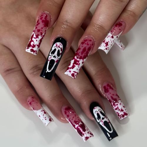 24 Stück Halloween Press on Nägel Lang Square, French Tip Kunstnägel Fake Nails Weiß Künstliche Nägel mit Horror Blutstropfen Design, Natürliche Vollständiger Abdeckung Nägel Zum Aufkleben für Mädchen von Ceboic