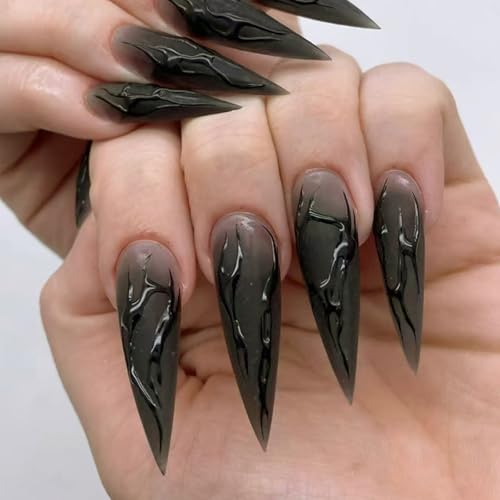 24 Stück Halloween Press on Nails, Mandel Lang Gothic Schwarz Falsche Nägel, Handmade Französische Kunstnägel Fake Nails,Stiletto Acryl Full Cover Fingernägel zum Aufkleben für Frauen Mädchen Maniküre von Ceboic