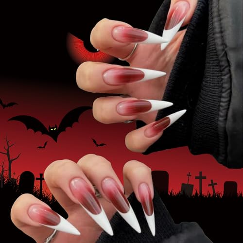 24 Stück Halloween Press on Nails Lang Mandel, Gradient Rot French Tip Weiß Künstliche Nägel, Natürliche Full Cover Wiederverwendbare Kunstnägel zum Aufkleben für Frauen Mädchen (Vampirzähne) von Ceboic