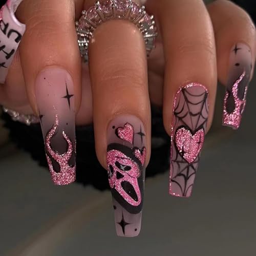 24 Stück Halloween Rosa Press on Nails, Coffin Lange Nägel zum Aufkleben Acryl Full Cover Kunstnägel mit Spinnennetz & Skelett, Ballerina Natürliche Fingernägel Künstliche Nägel für Frauen und Mädchen 24 Stück Halloween Rosa Press on Nails, Coffin Lange Nägel zum Aufkleben Acryl Full Cover Kunstnägel mit Spinnennetz & Skelett, Ballerina Natürliche Fingernägel Künstliche Nägel für Frauen und Mädchen von Ceboic