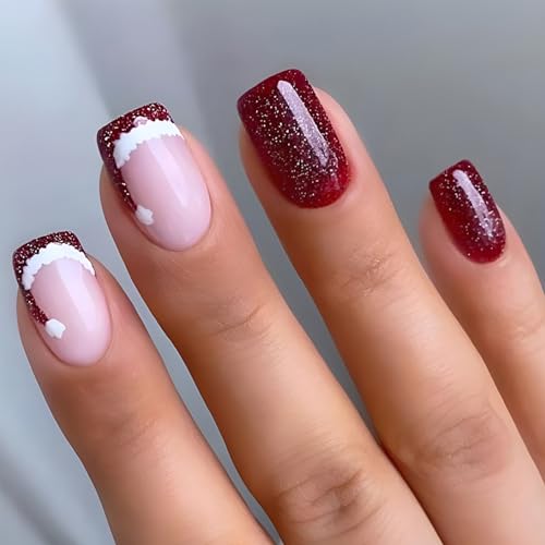 24 Stück Künstliche Nägel Kurz Eckig, French Kunstnägel Press on Nails Rot Weihnachten Hut Ballerina Nägel zum Aufkleben, Acryl Full Cover Festival Falsche Nägel für Frauen Mädchen von Ceboic