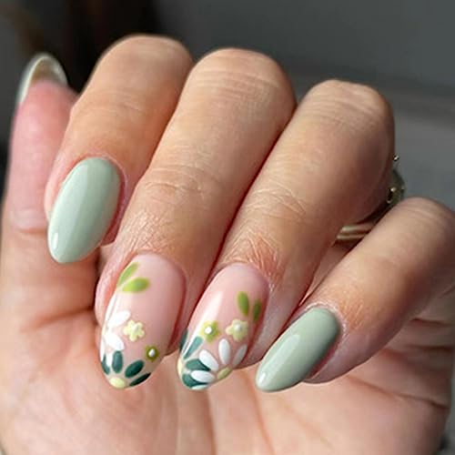 24 Stück Künstliche Nägel Kurz Mandel Falsche Nägel Französische Grüne Blume Acryl Press on Nails 12 Größen Kunstnägel Nägel Zum Aufkleben für Frauen und Mädchen Party und Heimat DIY von Ceboic