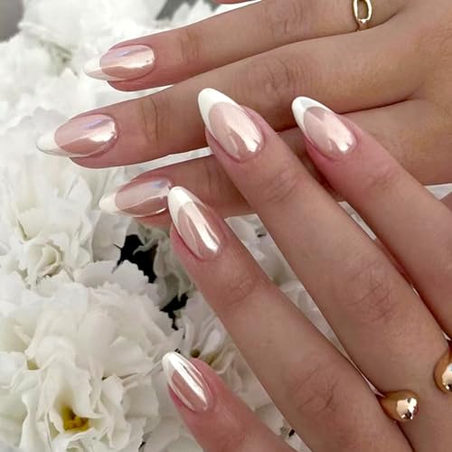 24 Stück Künstliche Nägel Kurz Mandel Falsche Nägel Französische Weiß Glänzend Kunstnägel Press on Nails Acryl Full Cover Fingernägel Nägel zum Aufkleben für Frauen und Mädchen von Ceboic