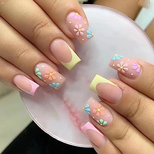 24 Stück Künstliche Nägel Kurze Eckig, Bunt Blumen Kunstnägel Fingernägel zum Aufkleben, Gefrostet Ballerina Acryl Falsche Nägel, Press on Nails mit Nagelkleber Aufkleber für Frauen und Mädchen von Ceboic