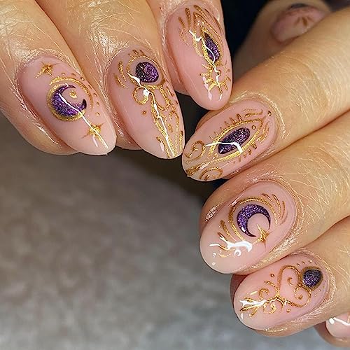 24 Stück Künstliche Nägel Mandel Kurz Falsche Nägel Französische Nude Stern Mond Kunstnägel Press on Nails 12 Größen Oval Acryl Fingernägel Nägel zum Aufkleben für Frauen und Mädchen von Ceboic