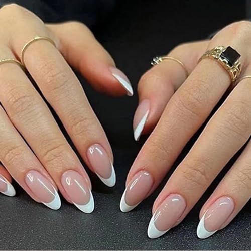 24 Stück Künstliche Nägel Mandel Kurz Falsche Nägel Französische Nude Weiß Kunstnägel Press on Nails Glänzend Acryl Fingernägel Nägel zum Aufkleben für Frauen und Mädchen von Ceboic