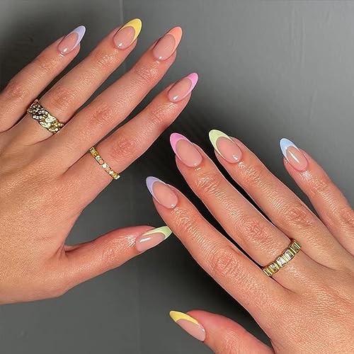 24 Stück Künstliche Nägel Mandel Mittel, French Regenbogen Kunstnägel Acryl Nägel Zum Aufkleben, Glossy Nude Falsche Nägel Fingernägel Fake Nails für Frauen Mädchen Fingernägel Verlängerung von Ceboic