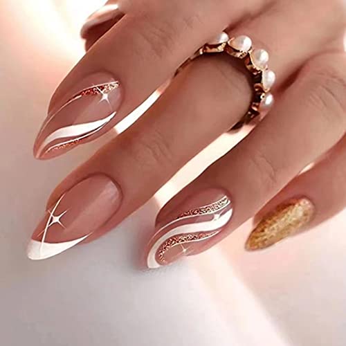 24 Stück Künstliche Nägel Mandel Mittel, French Weiß Stern Kunstnägel Acryl Nägel Zum Aufkleben, Glossy Glitzer Falsche Nägel Fingernägel Fake Nails für Frauen Mädchen Fingernägel Verlängerung von Ceboic