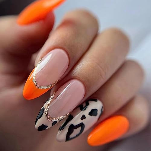 24 Stück Künstliche Nägel Mandel Mittel Falsche Nägel Französische Orange Rosa Kunstnägel Press on Nails mit Leopardenmuster Designs Acryl Fingernägel Nägel zum Aufkleben für Frauen und Mädchen von Ceboic