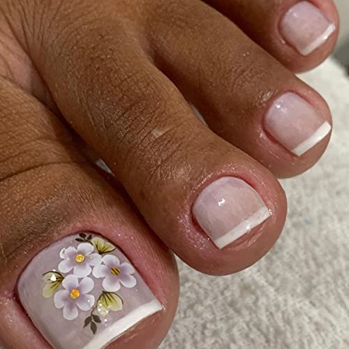 24 Stück Künstliche Zehennägel Französisch Kurz Quadratische Falsche Zehennägel Weiß Blumen Natürliche Vollabdeckung Acryl Stick auf Zehennägeln Kit für Frauen und Mädchen Nail Dekoration Art von Ceboic