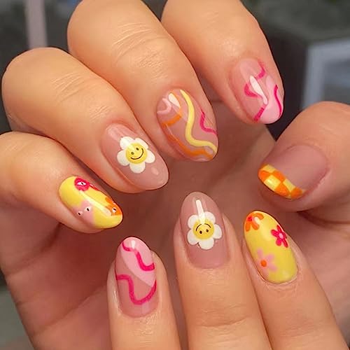 24 Stück Mandel Falsche Nägel Kurz, French Niedlich Kunstnägel Nägel Zum Aufkleben Acryl Full Cover Künstliche Fingernägel mit Sonnen Smiley Designs, Oval Colorful Press on Nails für Frauen Mädchen von Ceboic