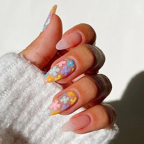 24 Stück Mandel Falsche Nägel Mittel, Farbige Blumen French Kunstnägel Nägel Zum Aufkleben Acryl Full Cover Künstliche Fingernägel, Almond Stiletto Press on Nails für Frauen und Mädchen von Ceboic