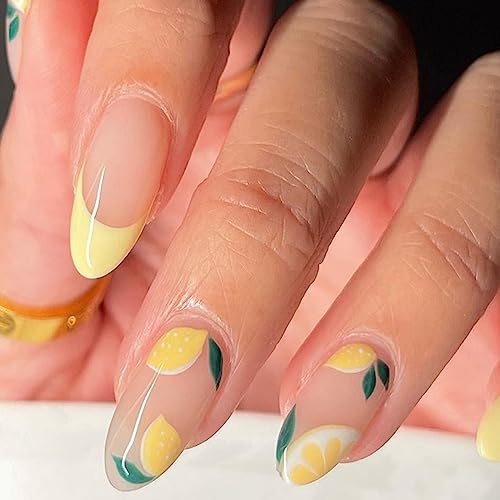 24 Stück Mandel Falsche Nägel Mittel, Nude Yellow French Kunstnägel Nägel Zum Aufkleben Acryl Full Cover Künstliche Fingernägel mit Zitrone Muster, Almond Press on Nails für Frauen und Mädchen von Ceboic