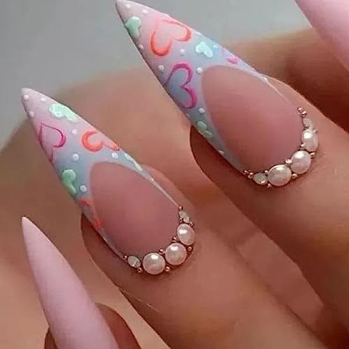 24 Stück Mandel Falsche Nägel Mittel, Rosa French Kunstnägel Nägel Zum Aufkleben Acryl Full Cover Künstliche Fingernägel mit Perlen Herz Muster, Almond Stiletto Press on Nails für Frauen und Mädchen von Ceboic