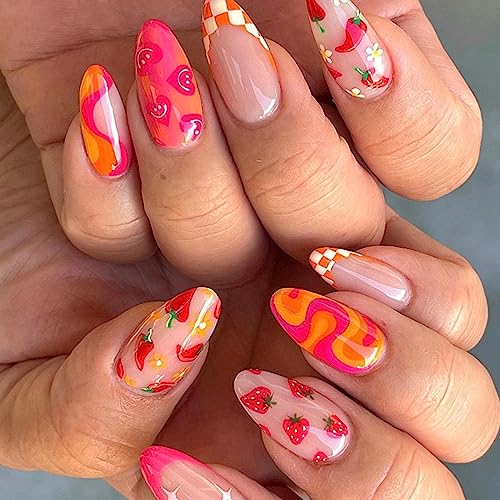 24 Stück Mandel Nägel Zum Aufkleben Kurz, French Künstliche Fingernägel Cute Gemüse Obst Designs Acryl Kunstnägel, Oval Full Cover Natürliche Press on Nails für Frauen Mädchen Nagelkunst Dekoration von Ceboic