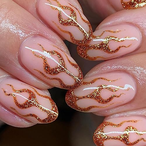 24 Stück Mandel Nägel Zum Aufkleben Kurz, Gold Flamme French Künstliche Fingernägel Glitzer Acryl Kunstnägel, Oval Full Cover Natürliche Press on Nails für Frauen Mädchen Nagelkunst Dekoration von Ceboic