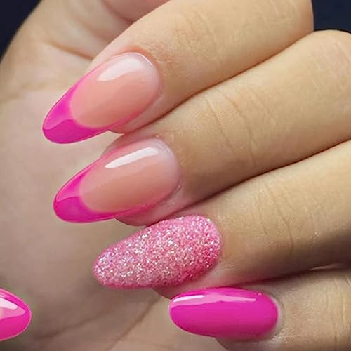 24 Stück Mandel Nägel Zum Aufkleben Kurz, Nude Rosa French Künstliche Fingernägel Glitzer Acryl Kunstnägel, Oval Full Cover Natürliche Press on Nails für Frauen Mädchen Nagelkunst Dekoration von Ceboic