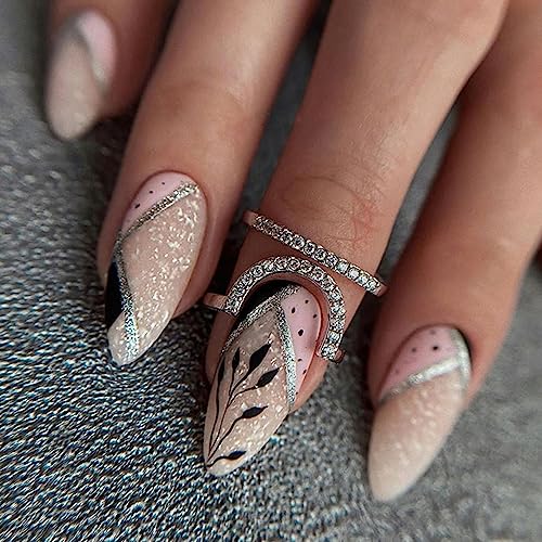 24 Stück Mandel Nägel Zum Aufkleben Kurz, Schwarz Blätter French Künstliche Fingernägel Glitzer Acryl Kunstnägel, Oval Full Cover Natürliche Press on Nails für Frauen Mädchen Nagelkunst Dekoration von Ceboic