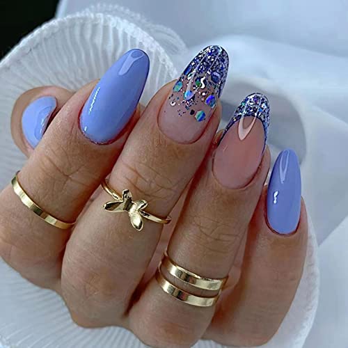 24 Stück Mandel Nägel Zum Aufkleben Mittel, Blaue Französisches Press on Nails Künstliche Nägel, Oval Glitzer Acryl Fingernägel Fake Nails mit Design, Sommer Falsche Nägel für Frauen Mädchen von Ceboic