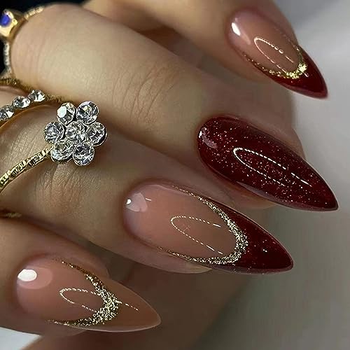 24 Stück Mandel Nägel Zum Aufkleben Mittel, Französische Weinrot Press on Nails Glänzend Künstliche Nägel, Stiletto Acryl Fingernägel Fake Nails mit Design, Falsche Nägel für Frauen Mädchen von Ceboic