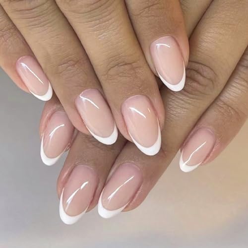 24 Stück Mandel Nägel zum Aufkleben Kurz, Weiß Rosa French Press on Nails, Oval Glänzend Kunstnägel Fake Nails mit Nagelkleber Aufkleber, Acryl Fingernägel Künstliche Nägel für Frauen und Mädchen von Ceboic