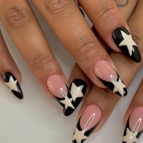 24 Stück Mandel Press On Nails Mittel, Schwarz Französischer Künstliche Nägel, Weiß Pentagramm Falsche Nägel Acryl Nägel zum Aufkleben mit Design, Glossy Fingernägel Fake Nails für Frauen und Mädchen von Ceboic