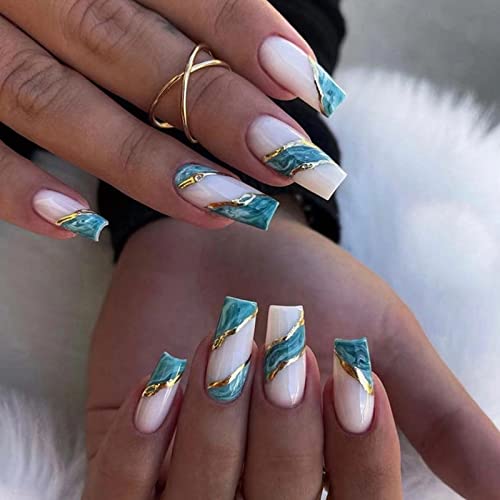 24 Stück Mittellang Falsche Nägel, Grün Französischer Künstliche Zum Aufkleben, Gold Glitzer Kunstnägel Press on Nails mit Design, Wiederverwendbare Acryl Fingernägel für Frauen und Mädchen von Ceboic