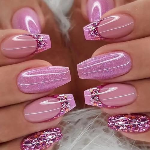 24 Stück Mittellang Nägel zum Aufkleben, French Tip Kunstnägel Press on Nails, Lila Glänzend Vollabdeckung Acryl Künstliche Nägel, Sarg Natürliche Fingernägel Fake Nails für Frauen und Mädchen von Ceboic