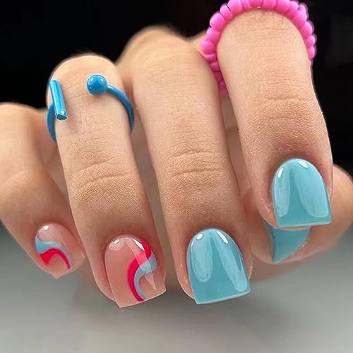 24 Stück Nägel Zum Aufkleben Eckig Kurz, French Tips Blau Rot Press on Nails Glänzend Full Cover Kunstnägel mit Welligkeit Designs, Square Natürlich Acryl Künstliche Fingernägel für Frauen und Mädchen von Ceboic
