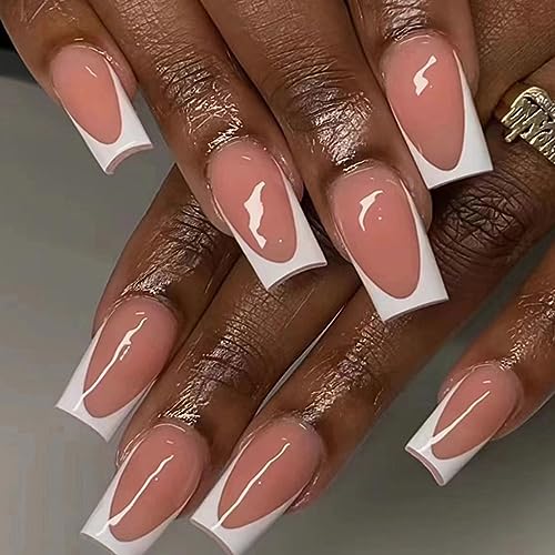 24 Stück Nägel Zum Aufkleben Eckig Mittellang, French Tips Nude Rosa Press on Nails Ballerina Full Cover Kunstnägel mit Klebepads, Square Natürlich Acryl Künstliche Fingernägel für Frauen und Mädchen von Ceboic