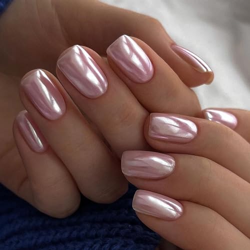24 Stück Nägel Zum Aufkleben Kurz, Eckig French Kunstnägel Press on Nails, Rosa Aurora Künstliche Nägel Acryl Full Cover Fingernägel zum Aufkleben Square Fake Nails für Frauen Mädchen Nageldekoration von Ceboic