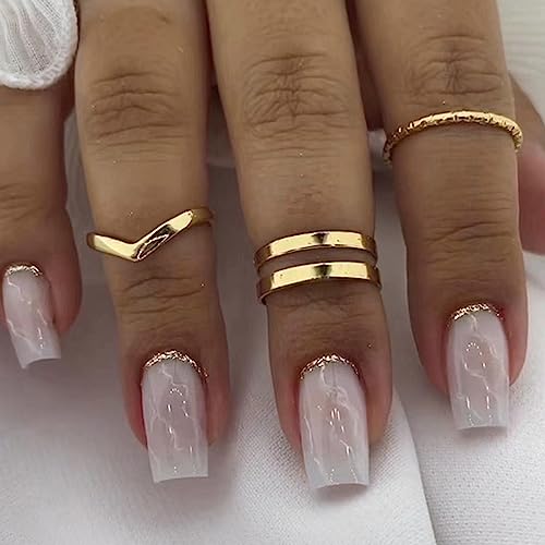 24 Stück Nägel Zum Aufkleben Kurz, Glossy French Weiß Marmor Künstliche Nägel, Eckig Acryl Kunstnägel Press on Nails mit Nagelkleber Aufkleber, Fingernägel Fake Nails für Frauen und Mädchen von Ceboic