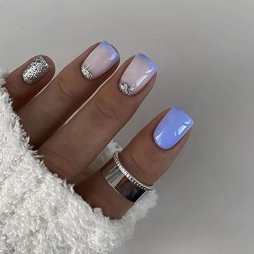 24 Stück Nägel Zum Aufkleben Kurz Eckig, Französische Press on Nail Blau Weiß Falsche Nägel, Ballarina Glossy Fake Nails mit Klebepads, Acryl Künstliche Fingernägel für Frauen und Mädchen von Ceboic