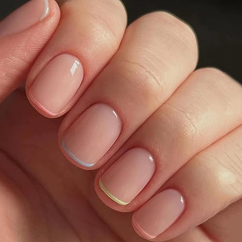 24 Stück Nägel Zum Aufkleben Kurz Eckig, Französische Press on Nail Farbiger Rand Falsche Nägel, Ballarina Glossy Fake Nails Acryl Künstliche Fingernägel für Frauen und Mädchen von Ceboic