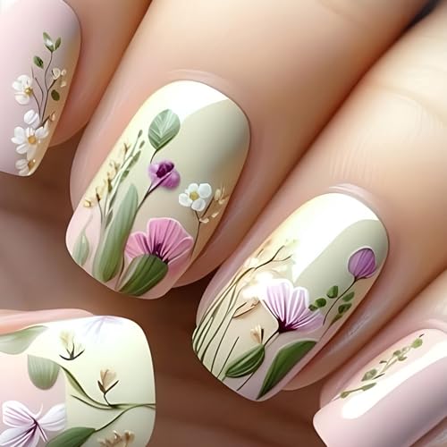 24 Stück Nägel Zum Aufkleben Kurz Eckig - 3D Pastorale Blumen Press on Nails - Wiederverwendbares Künstliche Nägel Acryl Fingernägel zum Aufkleben - Full Cover French Kunstnägel Fake Nails für Frauen von Ceboic