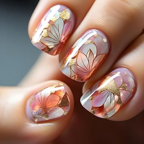 24 Stück Nägel Zum Aufkleben Kurz Eckig - Frühling Sommer Ginkgoblüte Press on Nails - Blumen Künstliche Nägel Acryl Fingernägel zum Aufkleben - Full Cover Kunstnägel French Fake Nails für Frauen von Ceboic