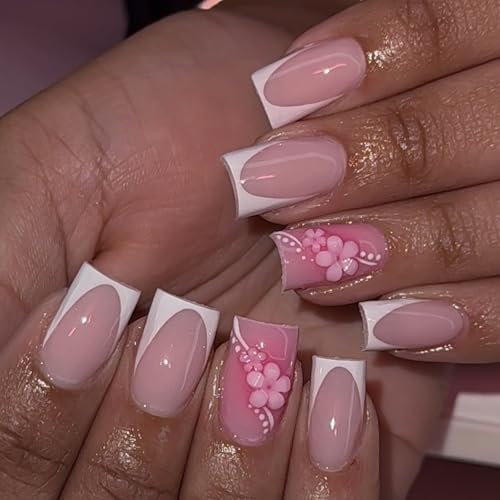 24 Stück Nägel Zum Aufkleben Kurz Eckig - Nude Rosa Blumen Press on Nails - Square Künstliche Nägel Acryl Fingernägel zum Aufkleben - Weiß French Full Cover Kunstnägel Fake Nails für Frauen von Ceboic