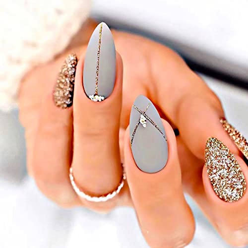 24 Stück Nägel Zum Aufkleben Mandel Kurz, Grau Französischer Tipp Glitzer Künstliche Nägel, Kunstnägel Press on Nails mit Strass Design, Acryl Fingernägel Fake Nails für Frauen und Mädchen von Ceboic