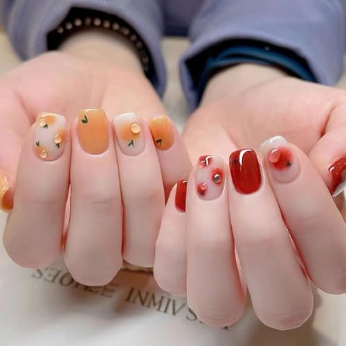 24 Stück Nägel zum Aufkleben Kurz Eckig, Rot Orange French Press on Nails Full Cover Kunstnägel mit Nagelkleber Aufkleber, Acryl Fingernägel zum Aufkleben für Frauen & Mädchen Nail Art von Ceboic