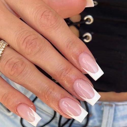 24 Stück Nägel zum Aufkleben Kurz Eckig Nude Weiß French Tip Kunstnägel Press on Nails, Vollabdeckung Acryl Künstliche Nägel, Natürliche Fingernägel Fake Nails Mittel für Frauen und Mädchen von Ceboic