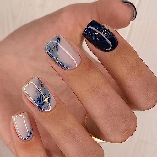 24 Stück Nägel zum Aufkleben Kurze, Dunkelblaue Wellen French Künstliche Nägel, Acryl Press on Nails mit Nagelkleber Aufkleber Eckig Kunstnägel Fingernägel Nägel Zum Aufkleben für Frauen und Mädchen von Ceboic