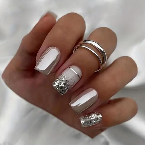 24 Stück Nägel zum Aufkleben Kurze Eckig French Press on Nails Silber Glänzend Ballerina Künstliche Fingernägel zum Aufkleben Acryl Full Cover Künstliche Nägel für Frauen Mädchen Nail Art Maniküre von Ceboic