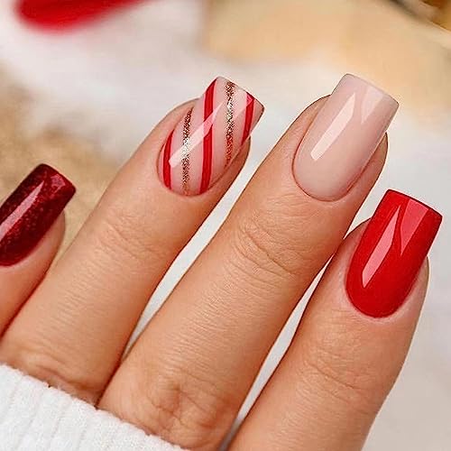 24 Stück Nägel zum Aufkleben Kurze Eckig Rote Streifen French Tip Kunstnägel Press on Nails Vollabdeckung Natürliche Acryl Fingernägel Künstliche Nägel für Frauen und Mädchen Nagelkunst Dekoration von Ceboic