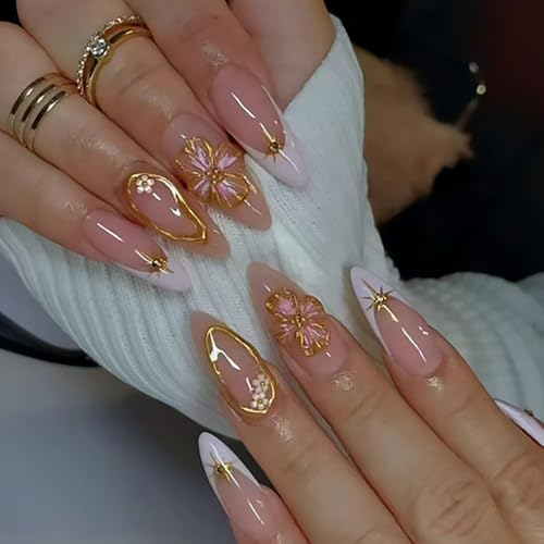 24 Stück Nägel zum Aufkleben Mandel, French Press on Nails 3D Blumen Künstliche Fingernägel zum Aufkleben with Charms, Rosa Kunstnägel Stiletto Acryl Full Cover Falsche Nägel für Frauen Mädchen von Ceboic