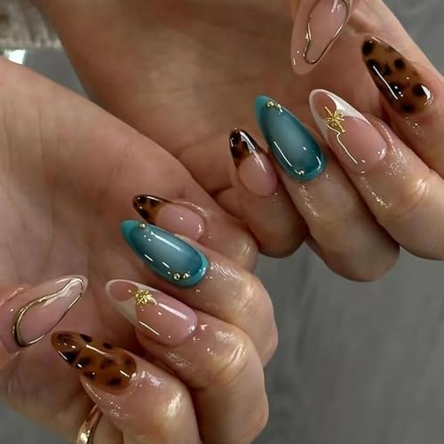 24 Stück Nägel zum Aufkleben Mandel, French Press on Nails Retro Leopard Künstliche Fingernägel zum Aufkleben, Elegant Glänzende Kunstnägel Almond Acryl Falsche Nägel Wiederverwendbar für Frauen von Ceboic
