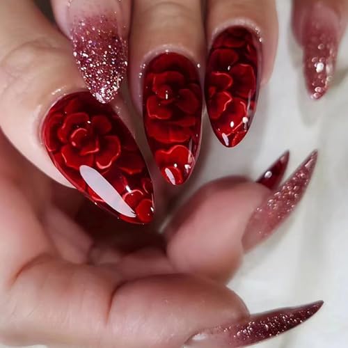 24 Stück Nägel zum Aufkleben Mandel, French Press on Nails Rot Blumen Künstliche Fingernägel zum Aufkleben, Glänzende Kunstnägel Stiletto Acryl Full Cover Falsche Nägel für Frauen Mädchen Nail Art von Ceboic
