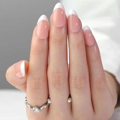 24 Stück Nägel zum Aufkleben Mandel, Weiß French Tips Press on Nails Rosa Glossy Künstliche Fingernägel zum Aufkleben, Acryl Kunstnägel Fake Nails Wiederverwendbar Falsche Nägel für Frauen von Ceboic